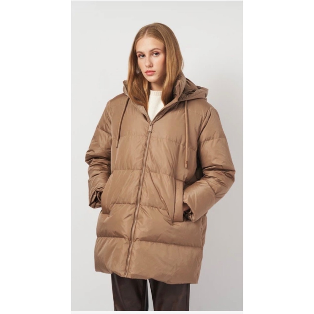 Zara Womens Water and Wind Tan Protected Hooded Down Puffer Coat XS Oversized